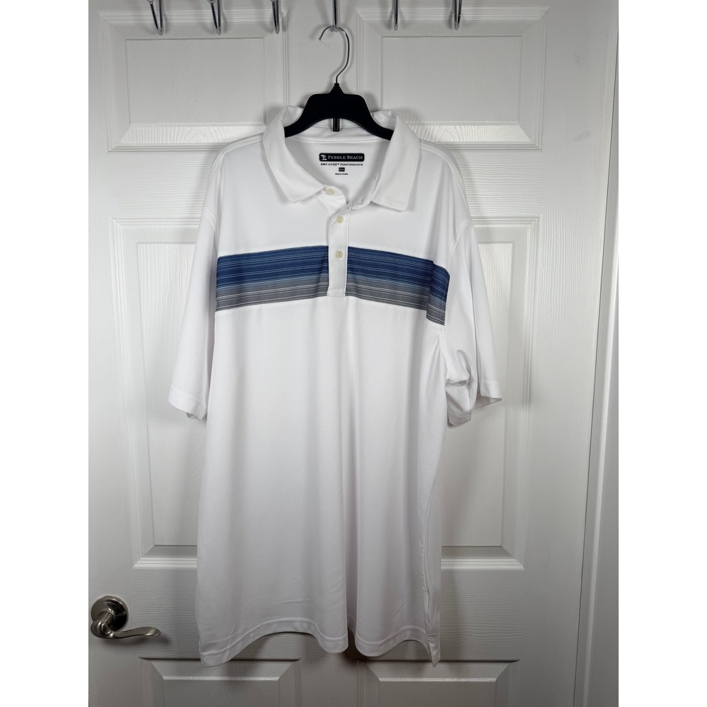 Pebble Beach Mens XXL Dry-Luxe Performance Polo Shirt White Blue Stripe 1322709